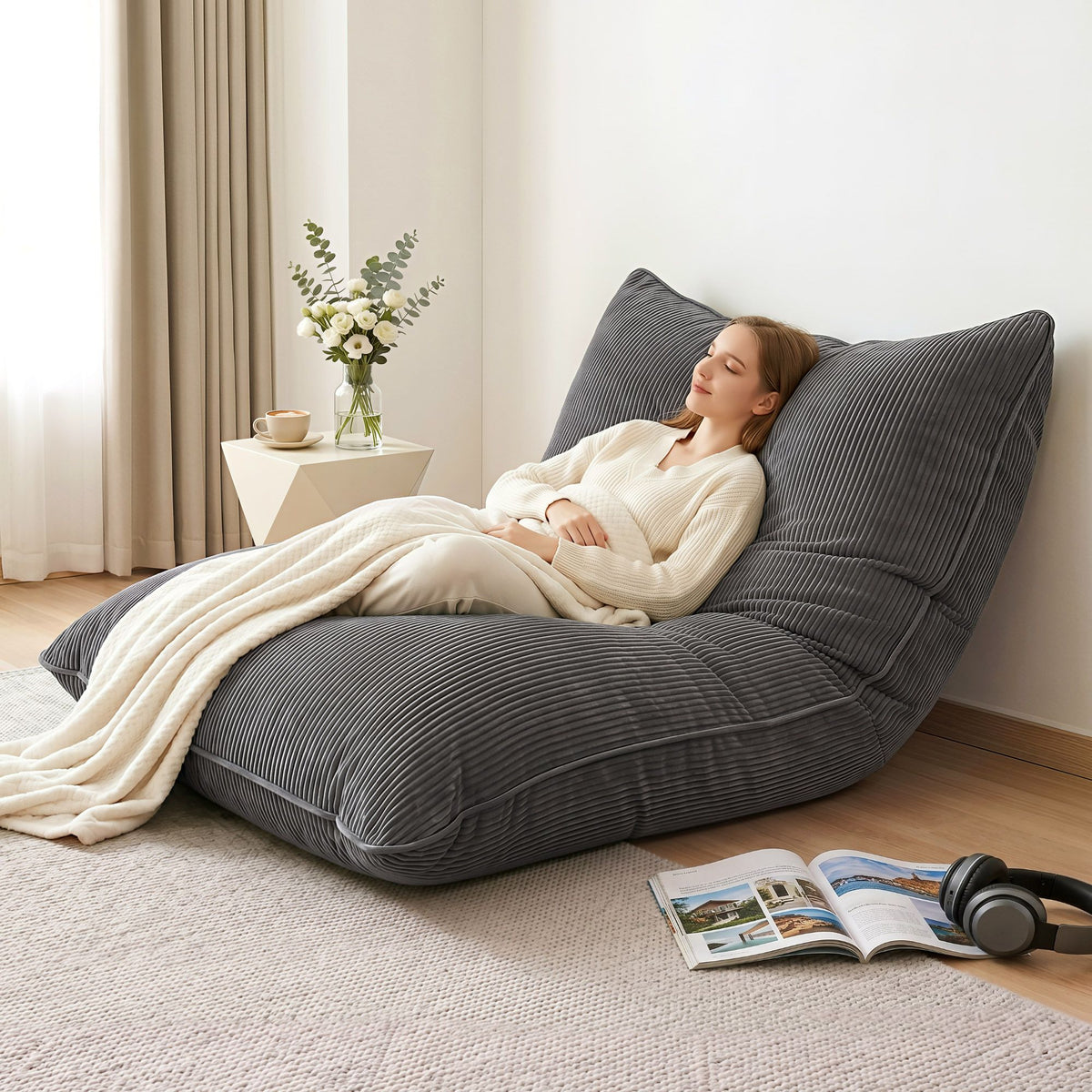 Artiss 3 in 1 Bean Bag Chair with Filler Convertible Bean Bag for Adults, Corduroy DIY Stuffed Bean Bag Sofa Washable for Living Room Bedroom, Grey-Furniture > Sofas > Sofa Accessories-PEROZ Accessories