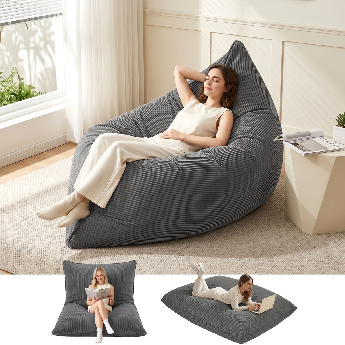 Artiss 3 in 1 Bean Bag Chair with Filler Convertible Bean Bag for Adults, Corduroy DIY Stuffed Bean Bag Sofa Washable for Living Room Bedroom, Grey-Furniture > Sofas > Sofa Accessories-PEROZ Accessories