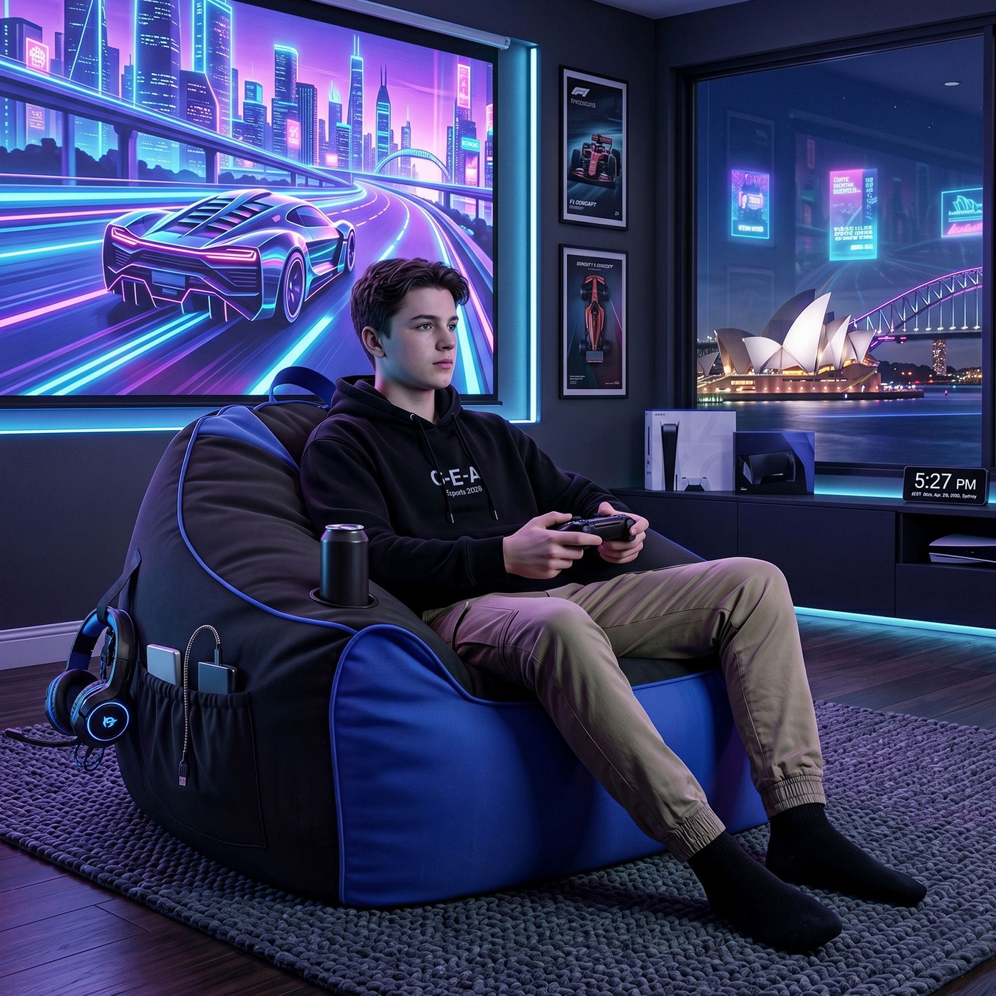Artiss Gaming Bean Bag Chair Cover (No Filler) for Adults Teens Kids Splash-Proof Floor Gaming Chair Cover with Side Pockets, Headphone Hanger, Cup Holder, Bean Bag Cover Only-Furniture > Sofas > Sofa Accessories-PEROZ Accessories