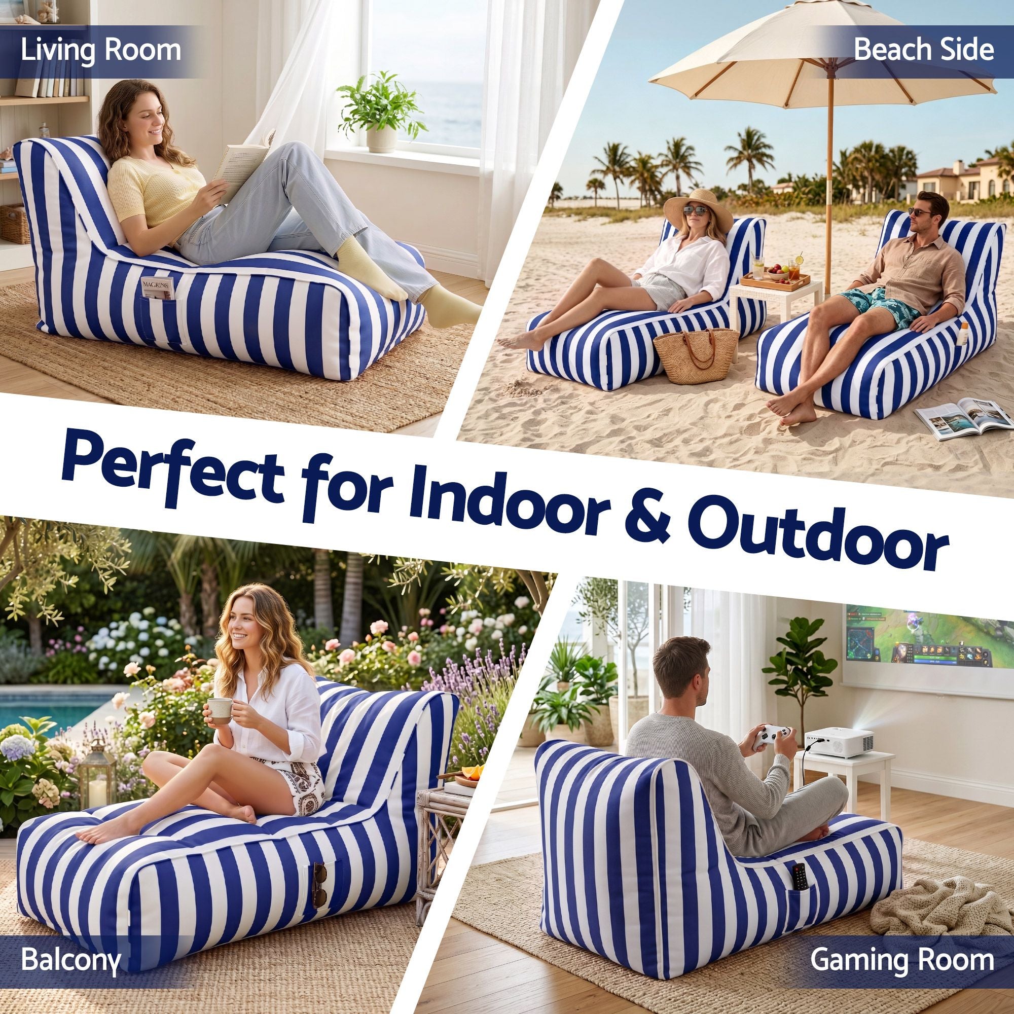 Artiss Outdoor Bean Bag Chair Cover (No Filler) Splash-Proof Beanbag Lounge Sofacover Stuffed Animal Storage Bean Bag Cover for Patio Poolside Relaxing, Blue-Furniture > Sofas > Sofa Accessories-PEROZ Accessories