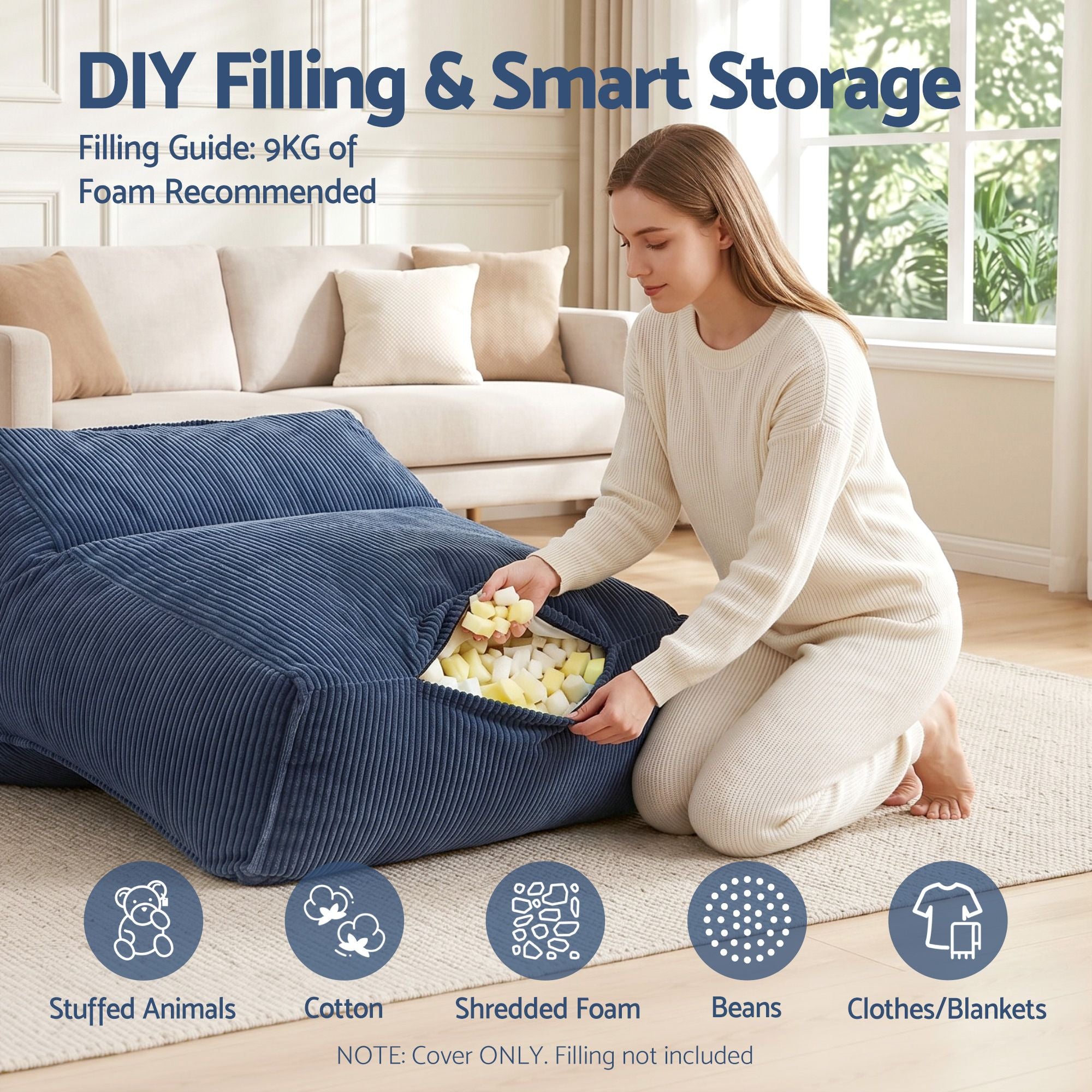 Artiss Bean Bag Chair Cover (No Filler) Soft Corduroy Stuffed Animal Storage Bean Bag Cover for Adults, Washable Lazy Sofa Cover for Living Room Bedroom, Blue-Furniture > Sofas > Sofa Accessories-PEROZ Accessories