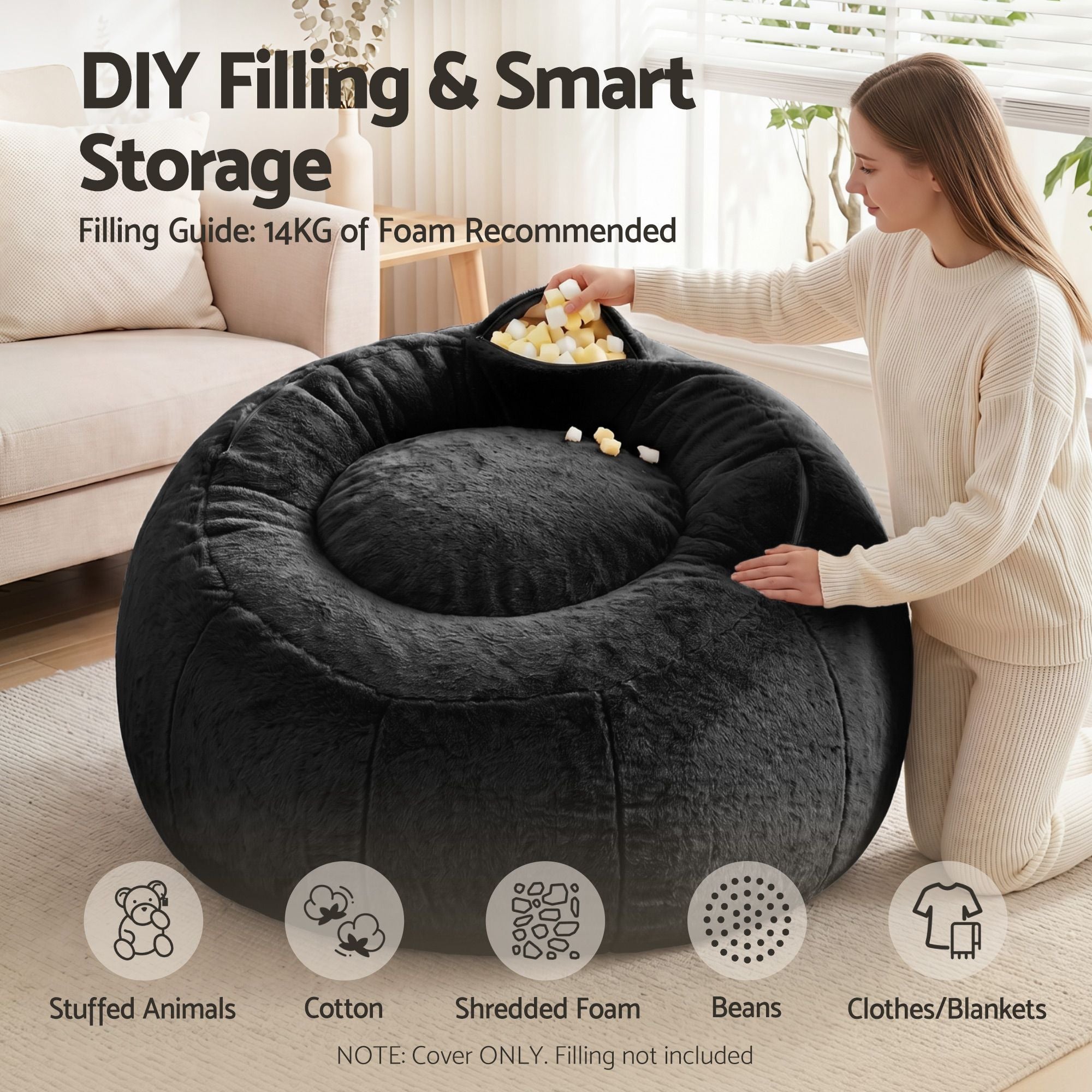 Artiss Bean Bag Chair Cover (No Filler) Soft Faux Fur Beanbag Cover Large Round Stuffed Animal Storage Bean Bag Cover Washable Lazy Sofa Cover for Adults Kids Teens, Black-Furniture > Sofas > Sofa Accessories-PEROZ Accessories