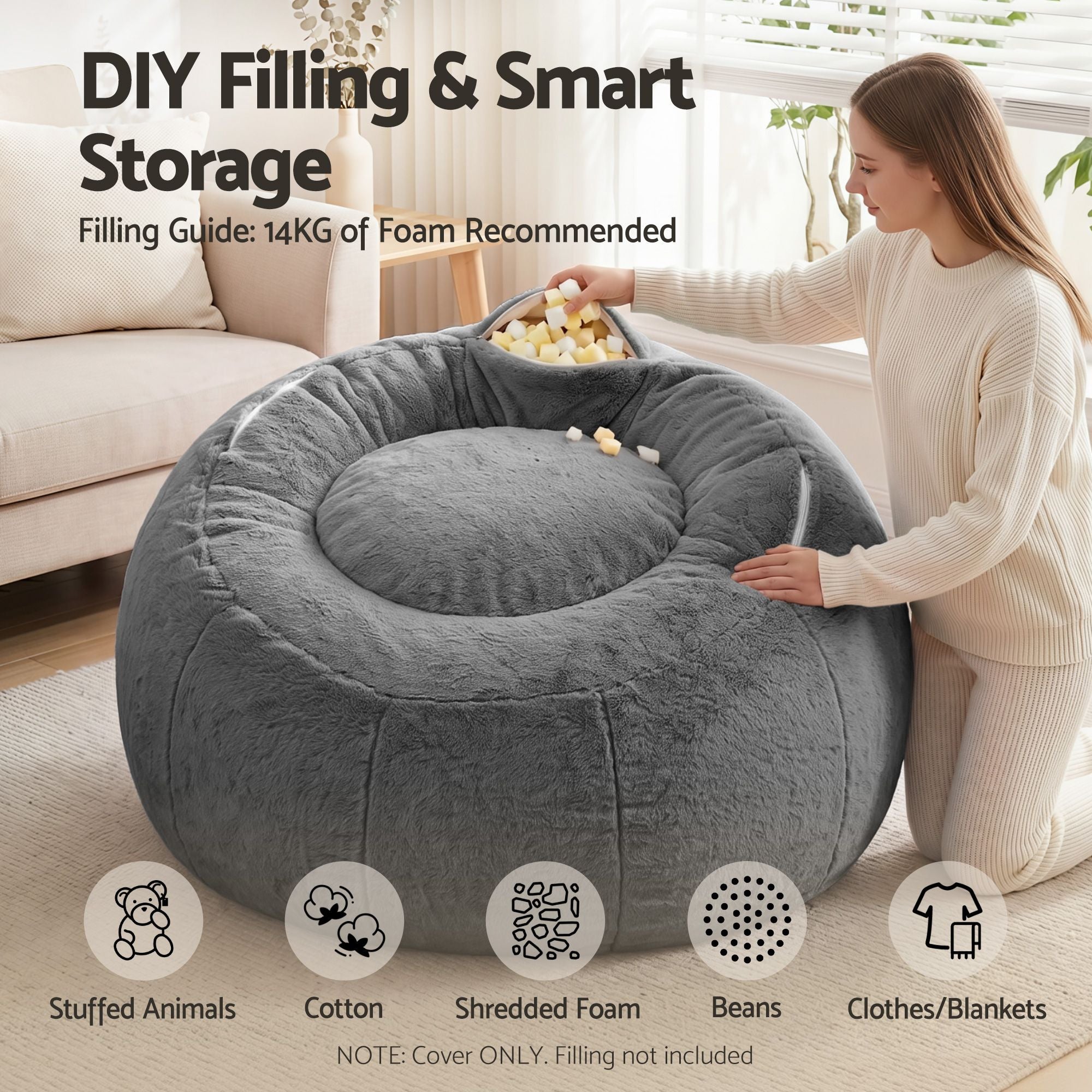 Artiss Bean Bag Chair Cover (No Filler) Soft Faux Fur Beanbag Cover Large Round Stuffed Animal Storage Bean Bag Cover Washable Lazy Sofa Cover for Adults Kids Teens, Grey-Furniture > Sofas > Sofa Accessories-PEROZ Accessories