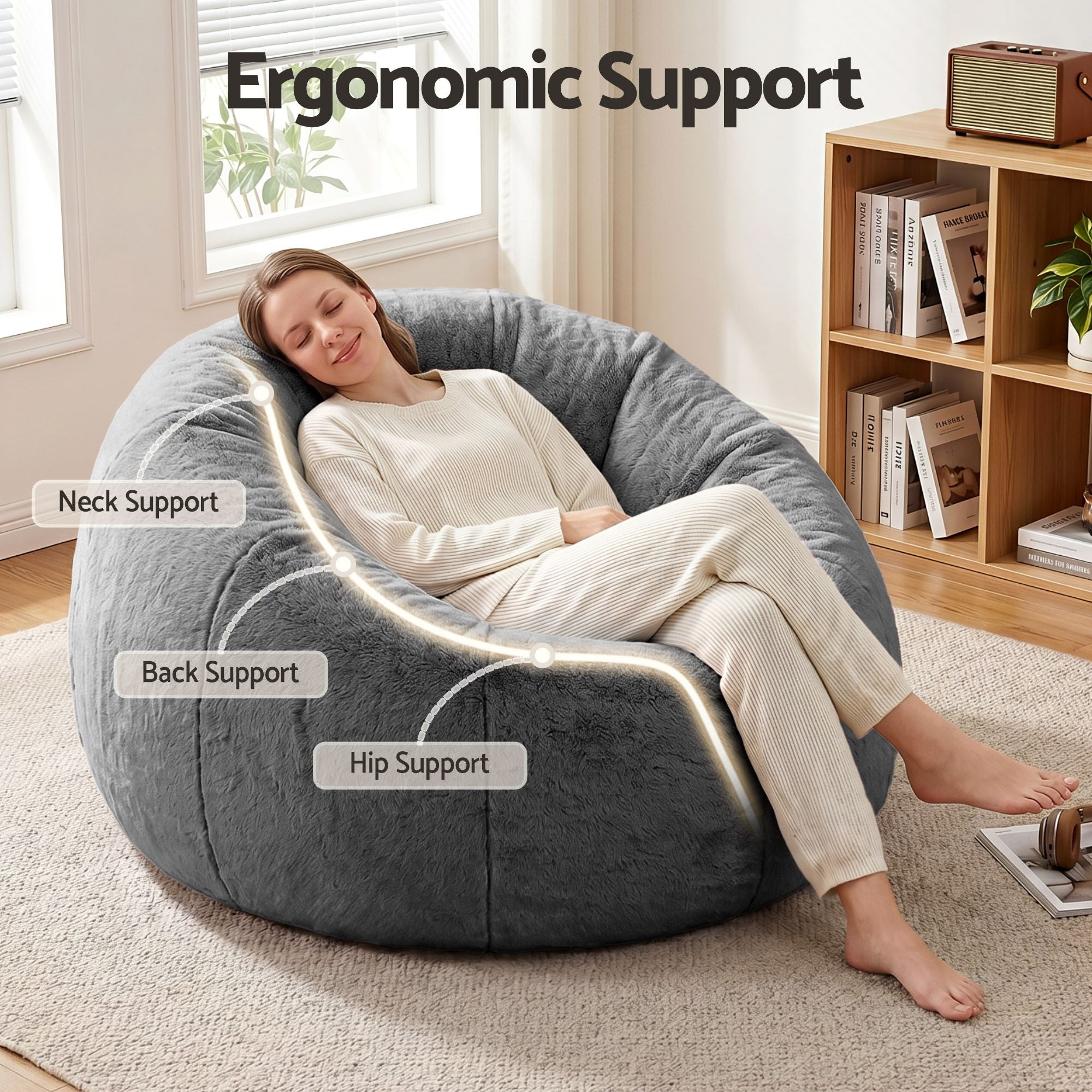 Artiss Bean Bag Chair Cover (No Filler) Soft Faux Fur Beanbag Cover Large Round Stuffed Animal Storage Bean Bag Cover Washable Lazy Sofa Cover for Adults Kids Teens, Grey-Furniture > Sofas > Sofa Accessories-PEROZ Accessories