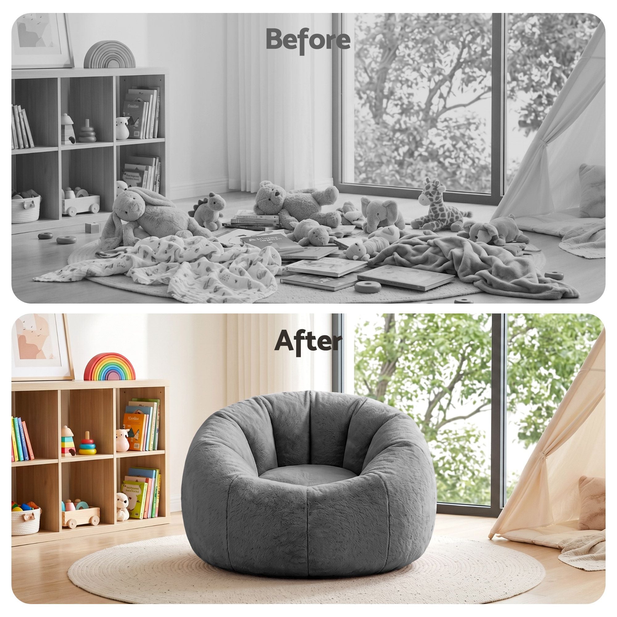 Artiss Bean Bag Chair Cover (No Filler) Soft Faux Fur Beanbag Cover Large Round Stuffed Animal Storage Bean Bag Cover Washable Lazy Sofa Cover for Adults Kids Teens, Grey-Furniture > Sofas > Sofa Accessories-PEROZ Accessories