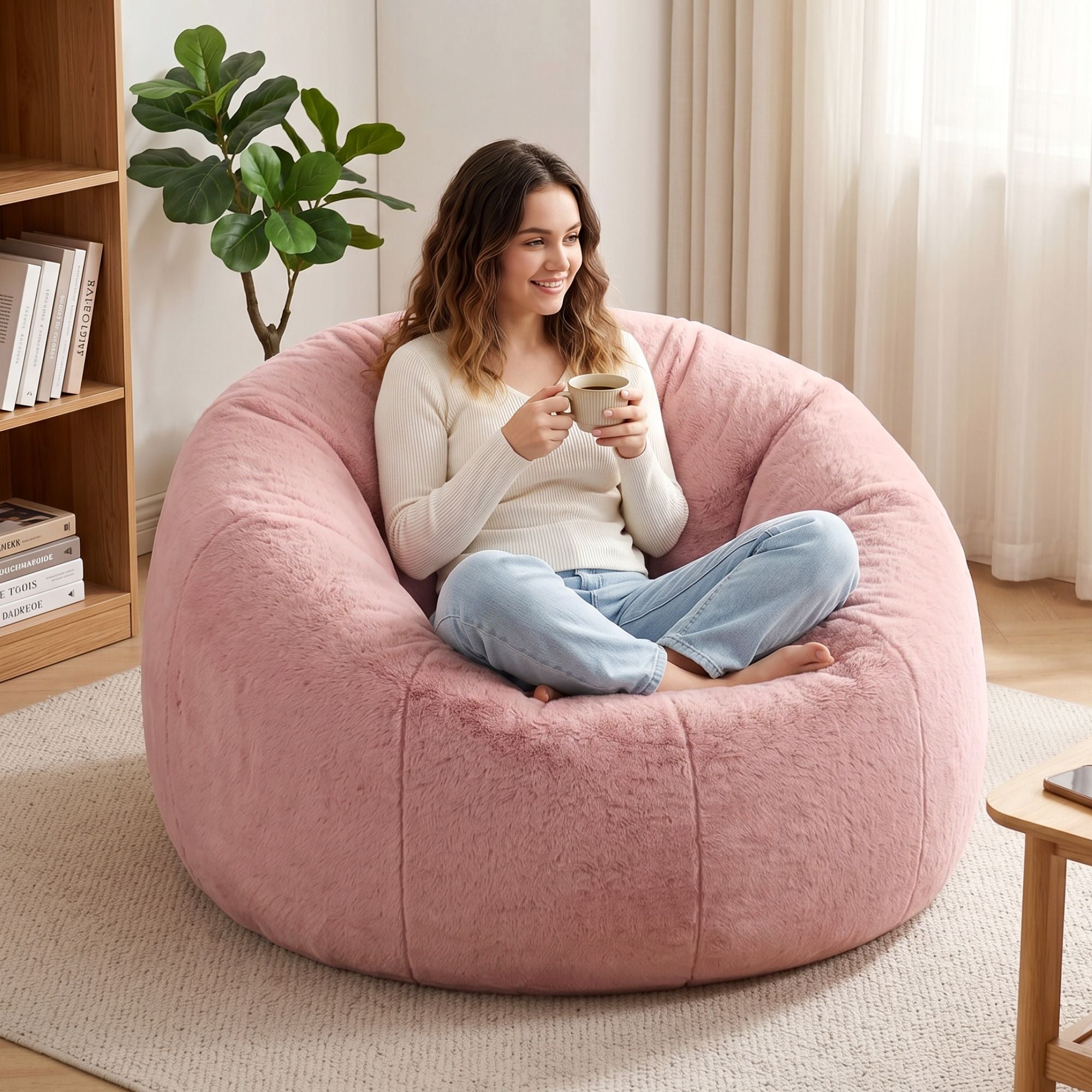 Artiss Bean Bag Chair Cover (No Filler) Soft Faux Fur Beanbag Cover Large Round Stuffed Animal Storage Bean Bag Cover Washable Lazy Sofa Cover for Adults Kids Teens, Pink-Furniture > Sofas > Sofa Accessories-PEROZ Accessories