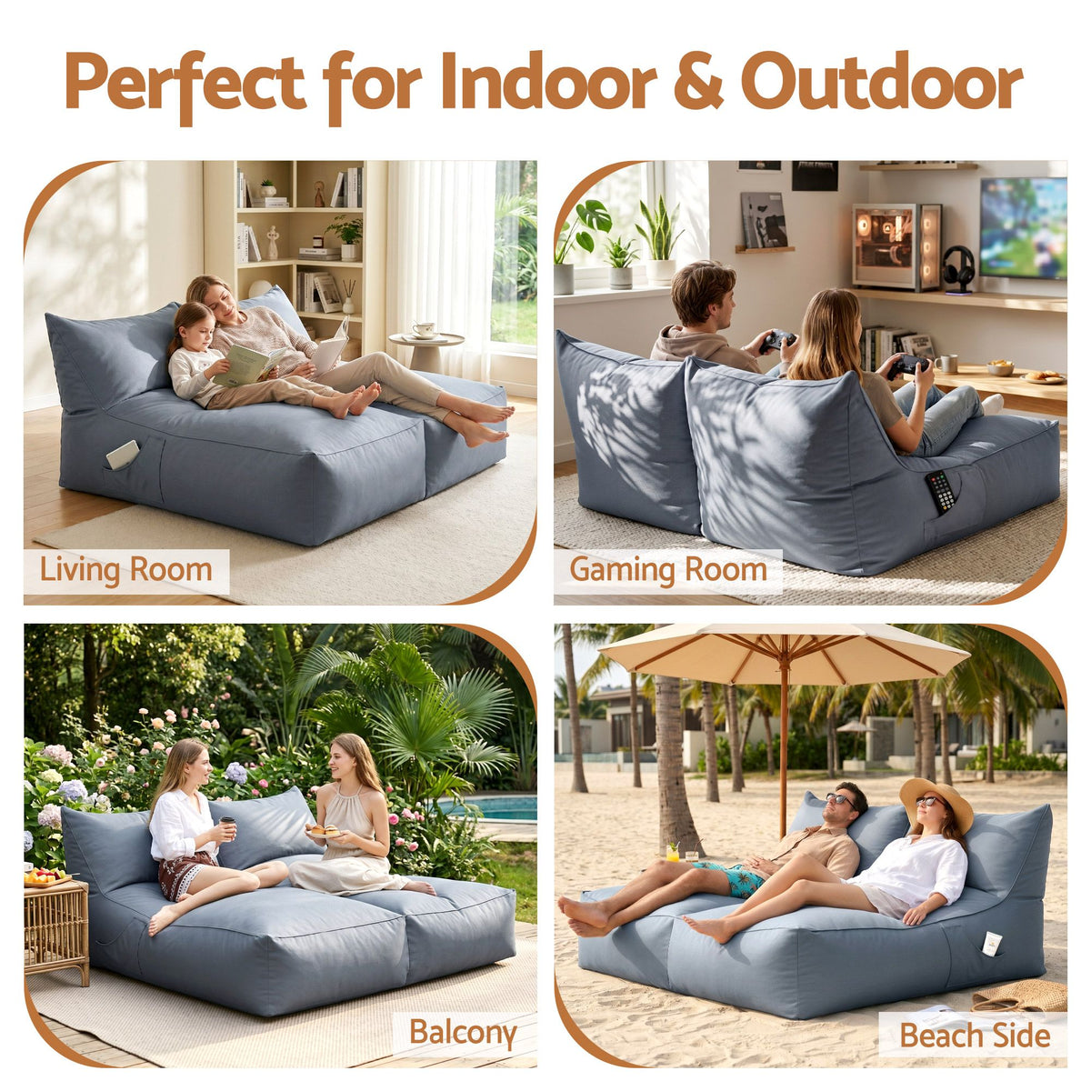 Artiss Outdoor Bean Bag Chair with Filler 2 Seater Beanbag Lounge Adults Splash-Proof Large Bean Bag Cover with Filling for Patio Poolside Relaxing Indoor, Grey-Furniture > Sofas > Sofa Accessories-PEROZ Accessories