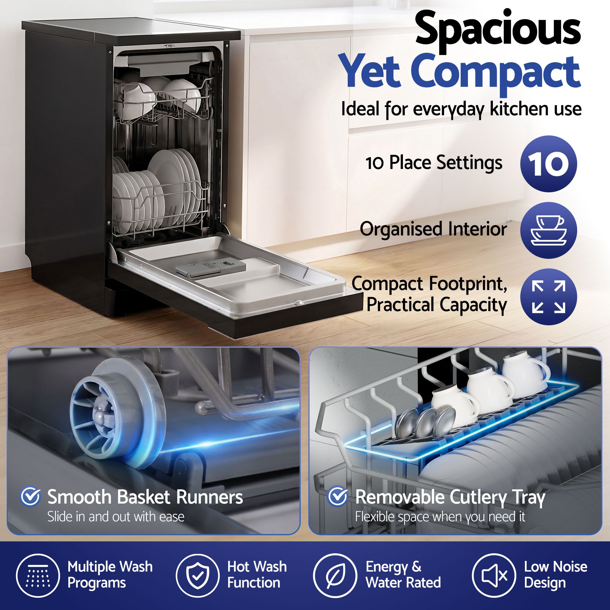 Devanti 10 Place Settings Freestanding Dishwasher Black-Appliances > Kitchen Appliances-PEROZ Accessories