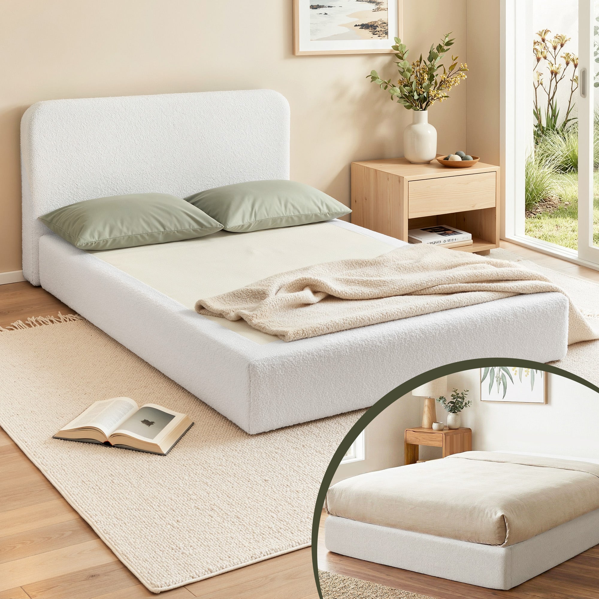 Artiss Compression Bed Frame Double Size No Assembly Vacuum High Density Sponge Boucle Cream White-Furniture > Bedroom > Beds & Bed Frames-PEROZ Accessories