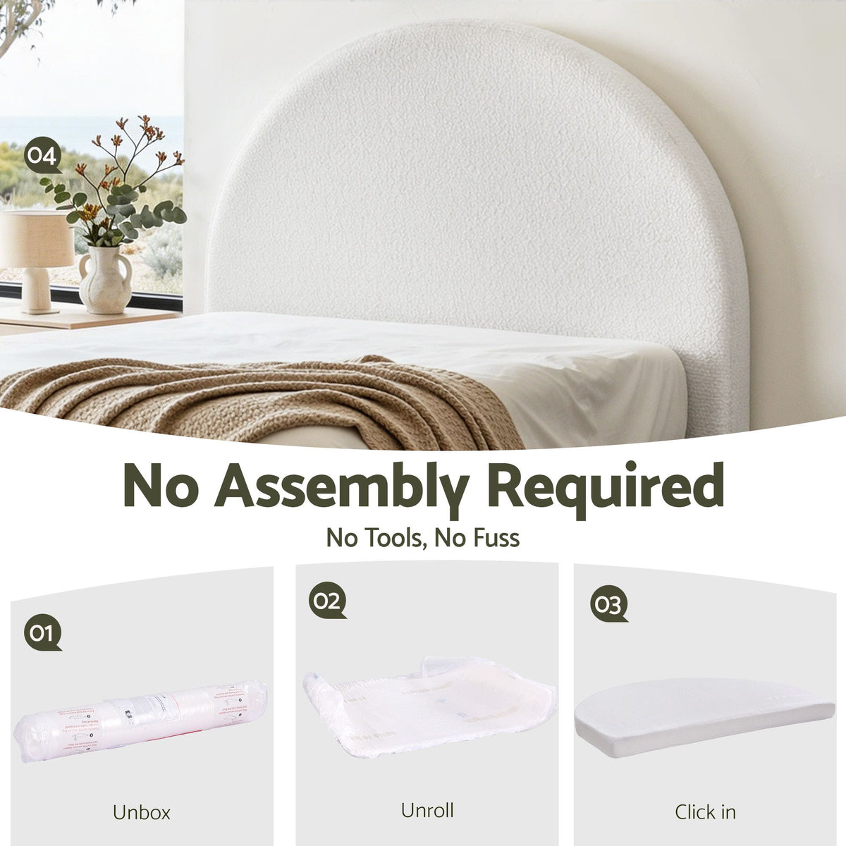 Artiss Queen Size Headboard for Bed Frame Boucle Fabric No-Assembly Vacuum Compressed Soft Backrest with Removable Washable Cover 171cm Wide-Furniture > Bedroom > Headboards-PEROZ Accessories
