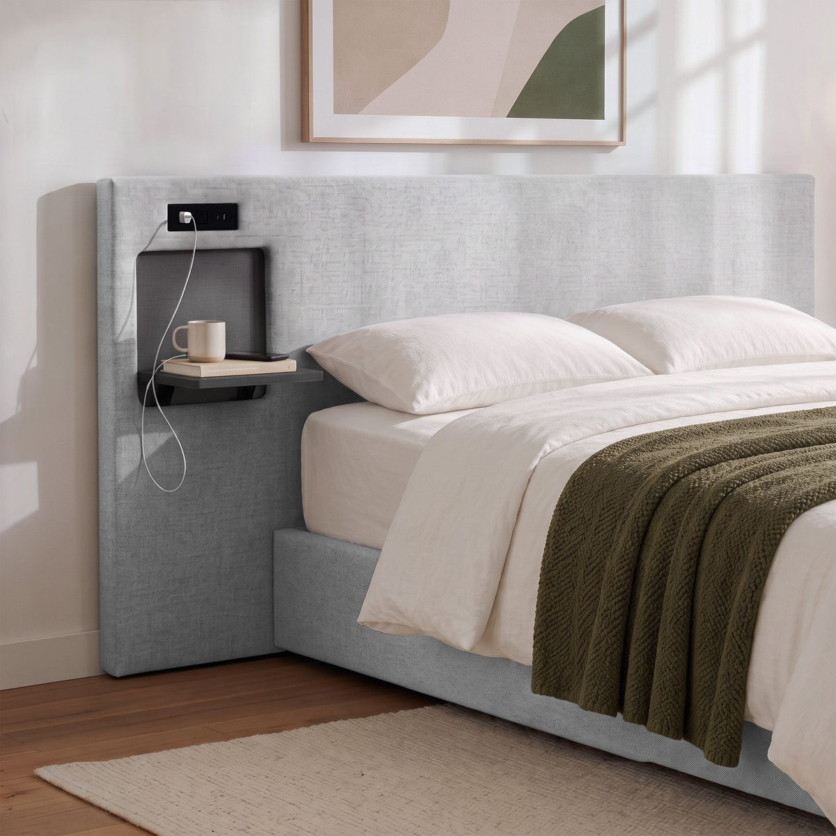 Artiss Queen Headboard Upholstered Foldable Table Charging Station Grey-Furniture > Bedroom > Headboards-PEROZ Accessories