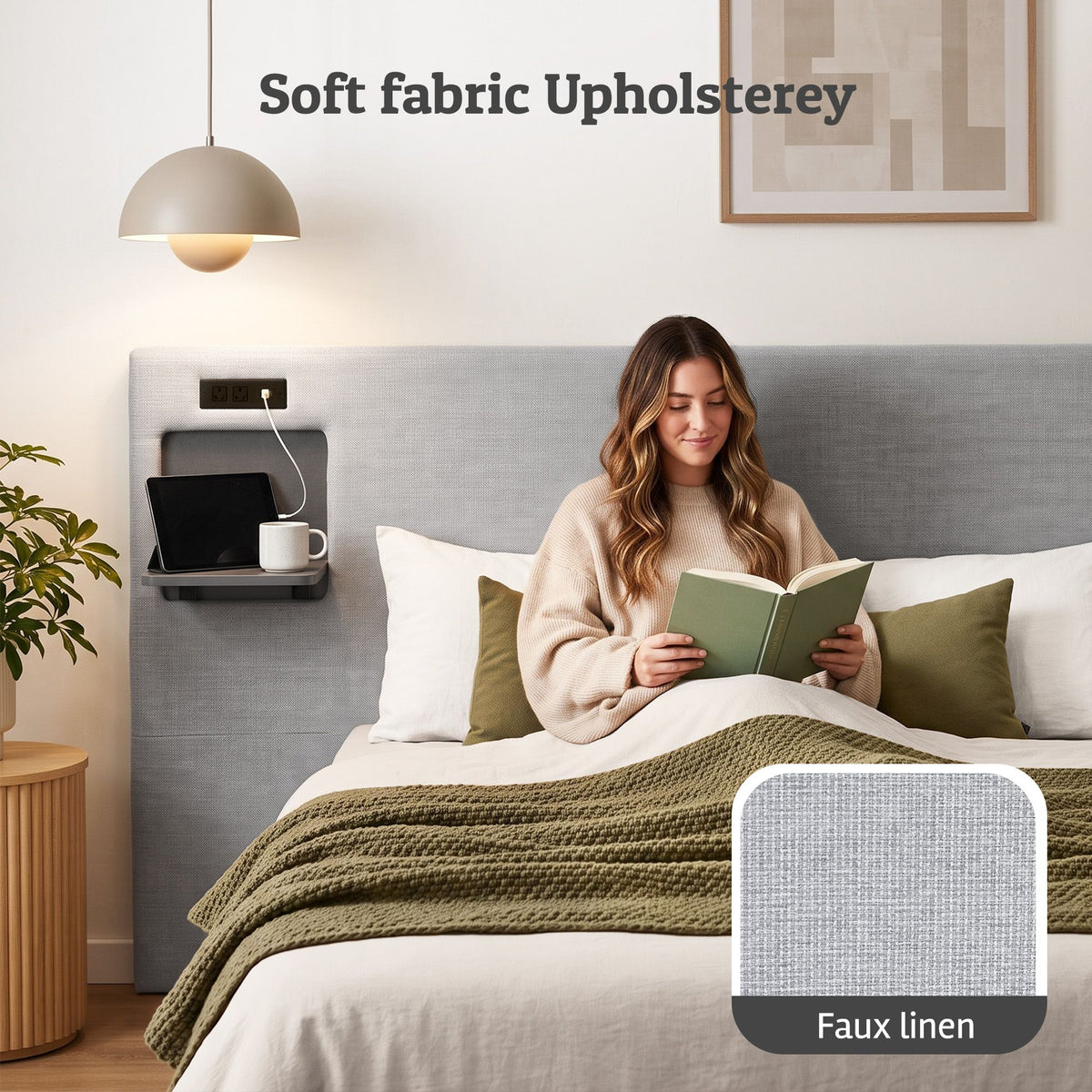 Artiss Queen Headboard Upholstered Foldable Table Charging Station Grey-Furniture > Bedroom > Headboards-PEROZ Accessories
