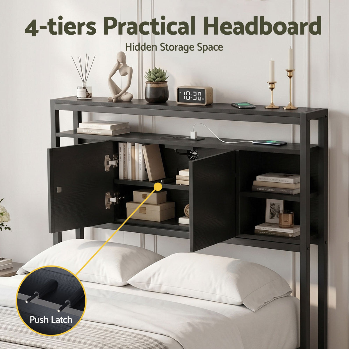 Artiss Bed Headboard King Single Storage Bedhead Charging Station Black-Furniture > Bedroom > Headboards-PEROZ Accessories