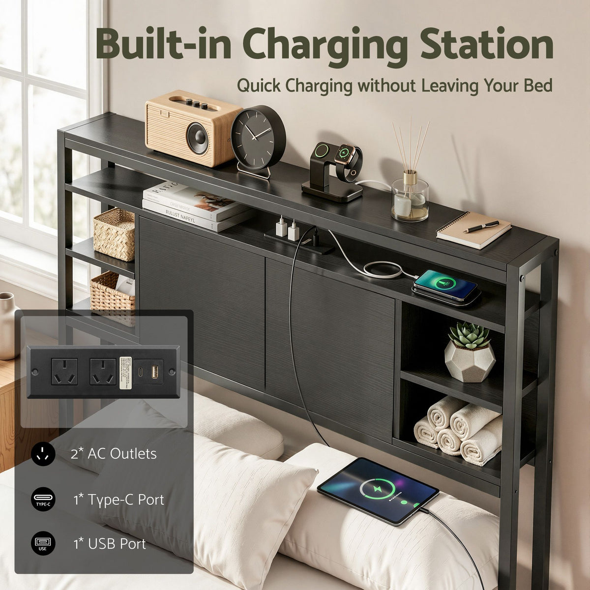 Artiss Bed Headboard King Single Storage Bedhead Charging Station Black-Furniture > Bedroom > Headboards-PEROZ Accessories
