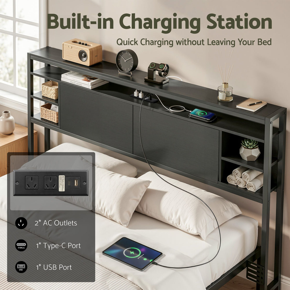 Artiss Bed Headboard Queen Storage Bedhead Charging Station Black-Furniture > Bedroom > Headboards-PEROZ Accessories