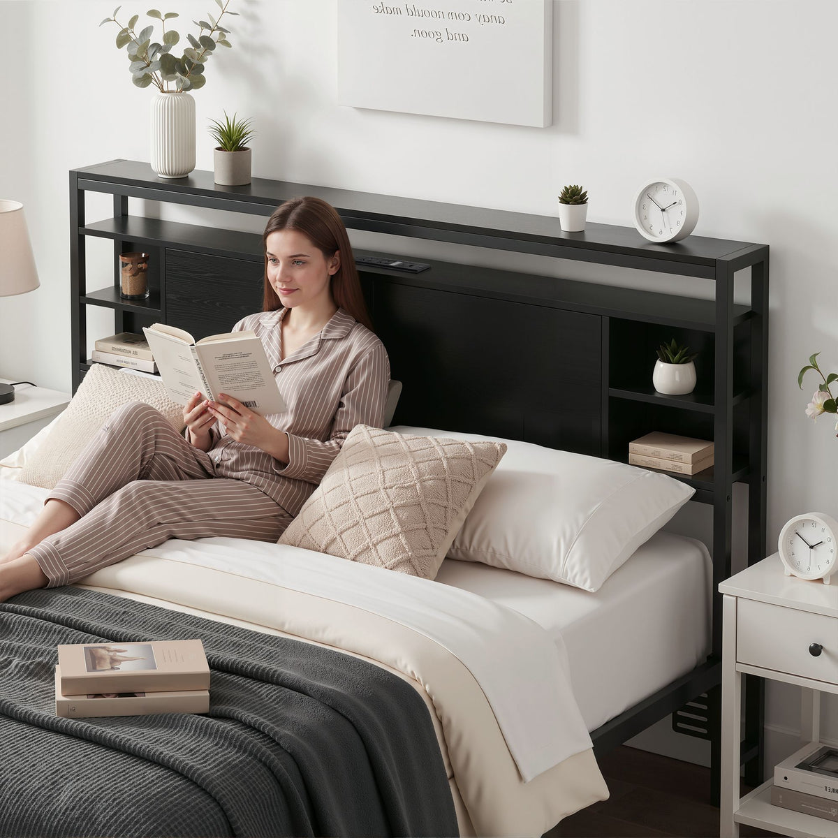 Artiss Bed Headboard Queen Storage Bedhead Charging Station Black-Furniture > Bedroom > Headboards-PEROZ Accessories