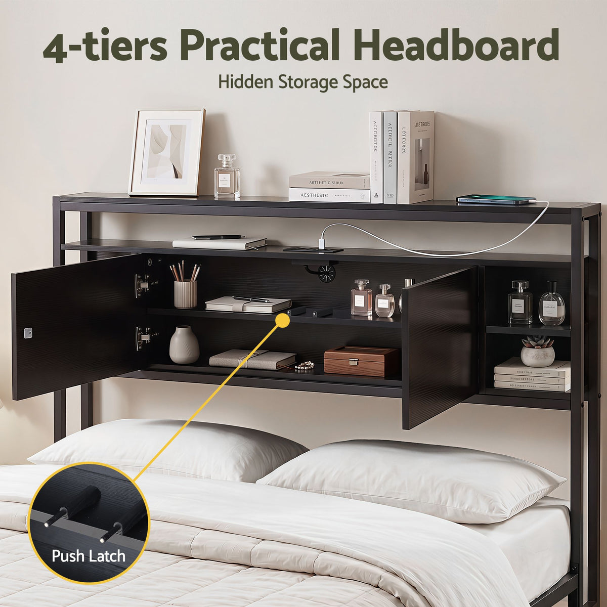 Artiss Bed Headboard Queen Storage Bedhead Charging Station Black-Furniture > Bedroom > Headboards-PEROZ Accessories
