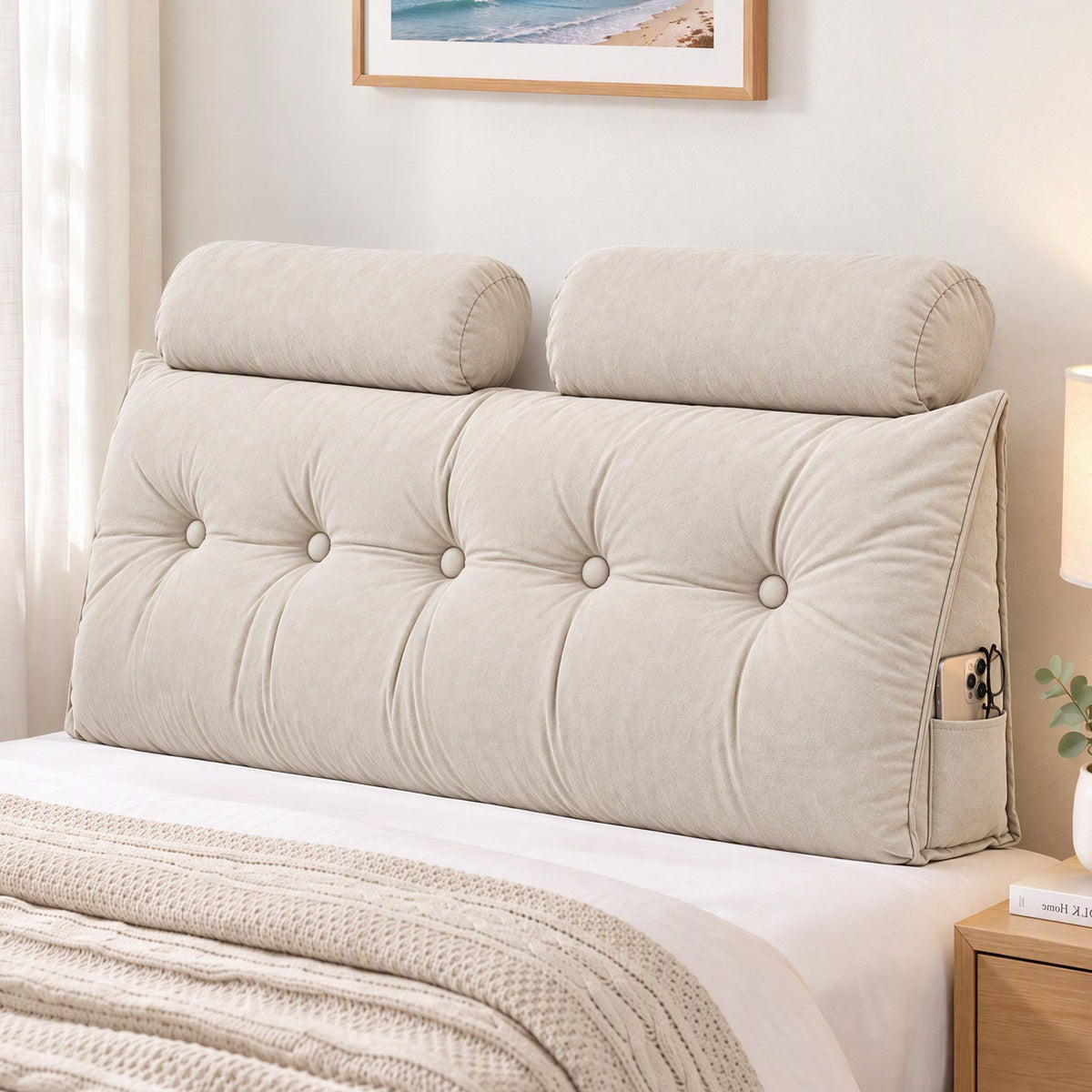 Artiss Headboard Pillow Double Wedge Backrest Triangular with 2 Cushions Beige-Furniture > Bedroom > Headboards-PEROZ Accessories