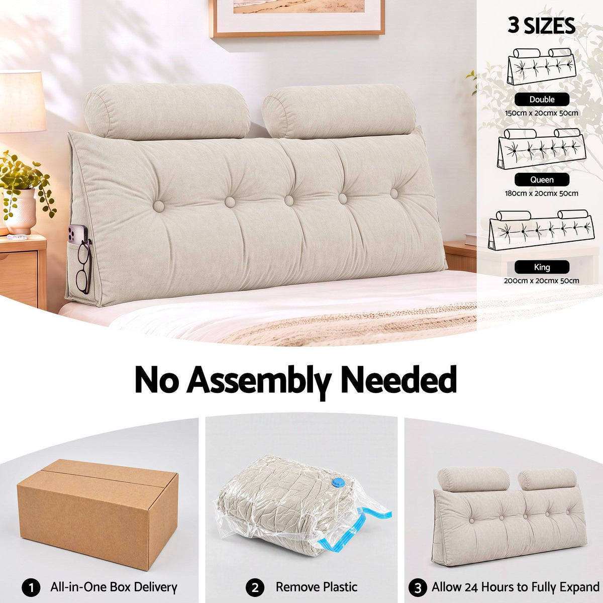 Artiss Headboard Pillow Double Wedge Backrest Triangular with 2 Cushions Beige-Furniture > Bedroom > Headboards-PEROZ Accessories