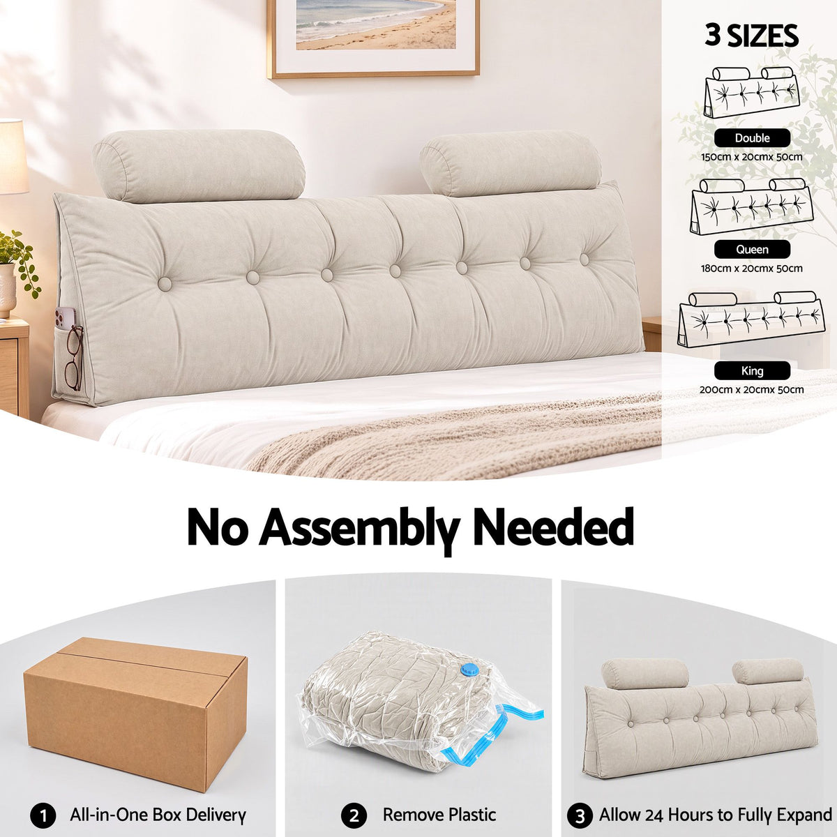 Artiss Headboard Pillow King Wedge Backrest Triangular with 2 Cushions Beige-Furniture > Bedroom > Headboards-PEROZ Accessories