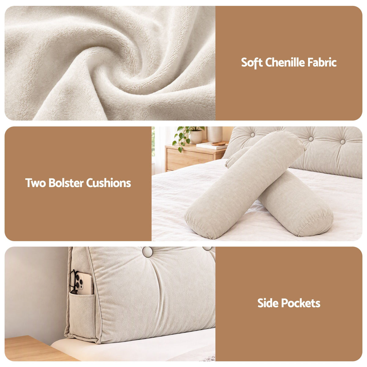 Artiss Headboard Pillow King Wedge Backrest Triangular with 2 Cushions Beige-Furniture > Bedroom > Headboards-PEROZ Accessories