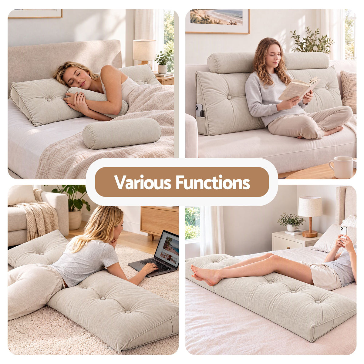 Artiss Headboard Pillow Queen Wedge Backrest Triangular with 2 Cushions Beige-Furniture > Bedroom > Headboards-PEROZ Accessories