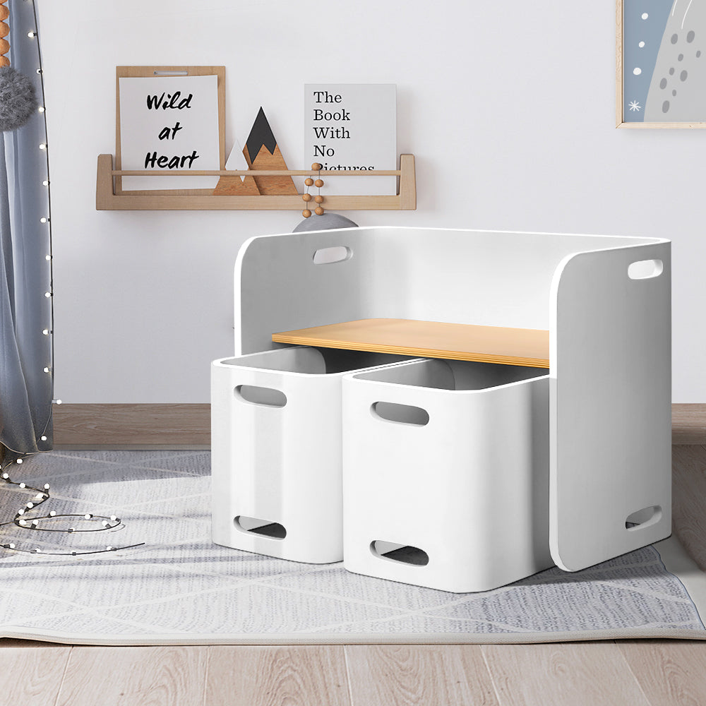 Keezi 3PCS Kids Table and Chairs Set Multifunctional Storage Desk White-Table & Chairs Sets-PEROZ Accessories