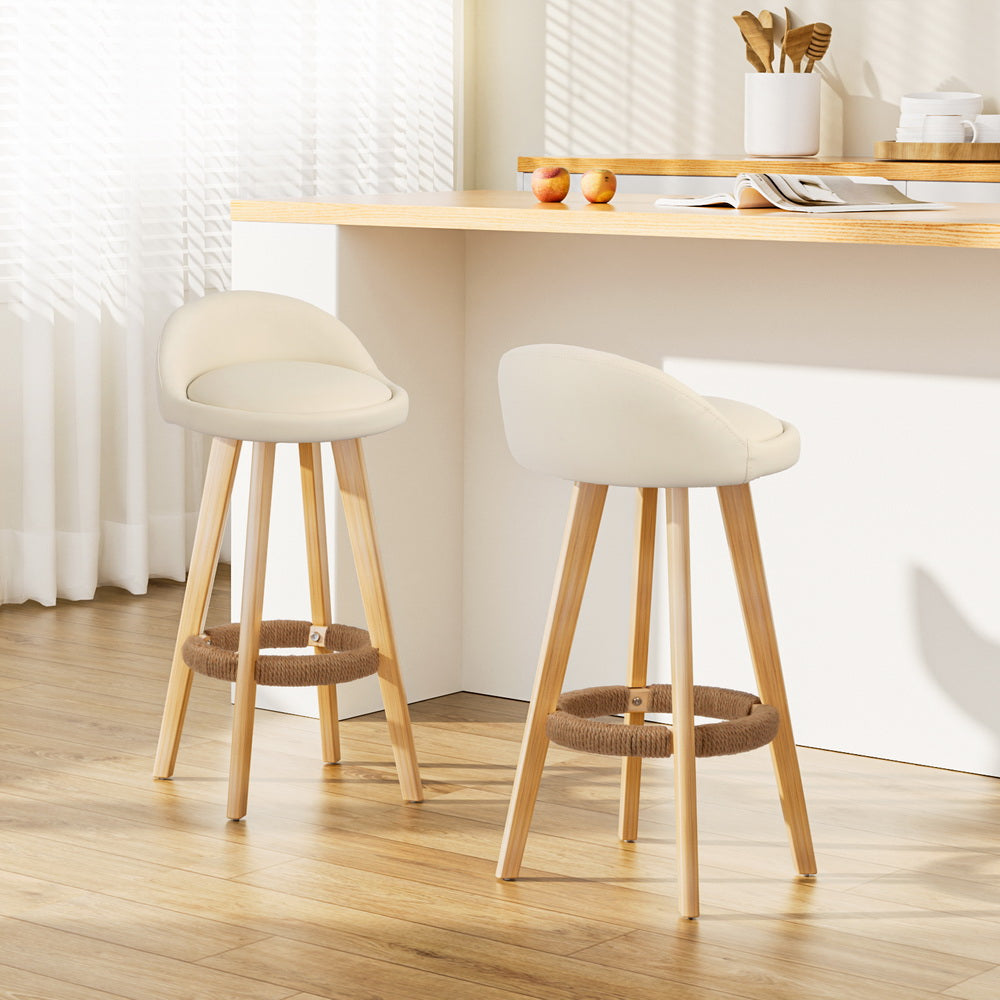 Artiss 2x Bar Stools Padded Leather Wooden Beige-Bar Stools-PEROZ Accessories