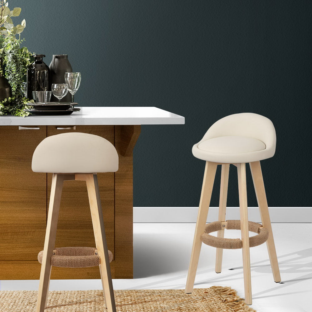 Artiss 2x Bar Stools Padded Leather Wooden Beige-Bar Stools-PEROZ Accessories