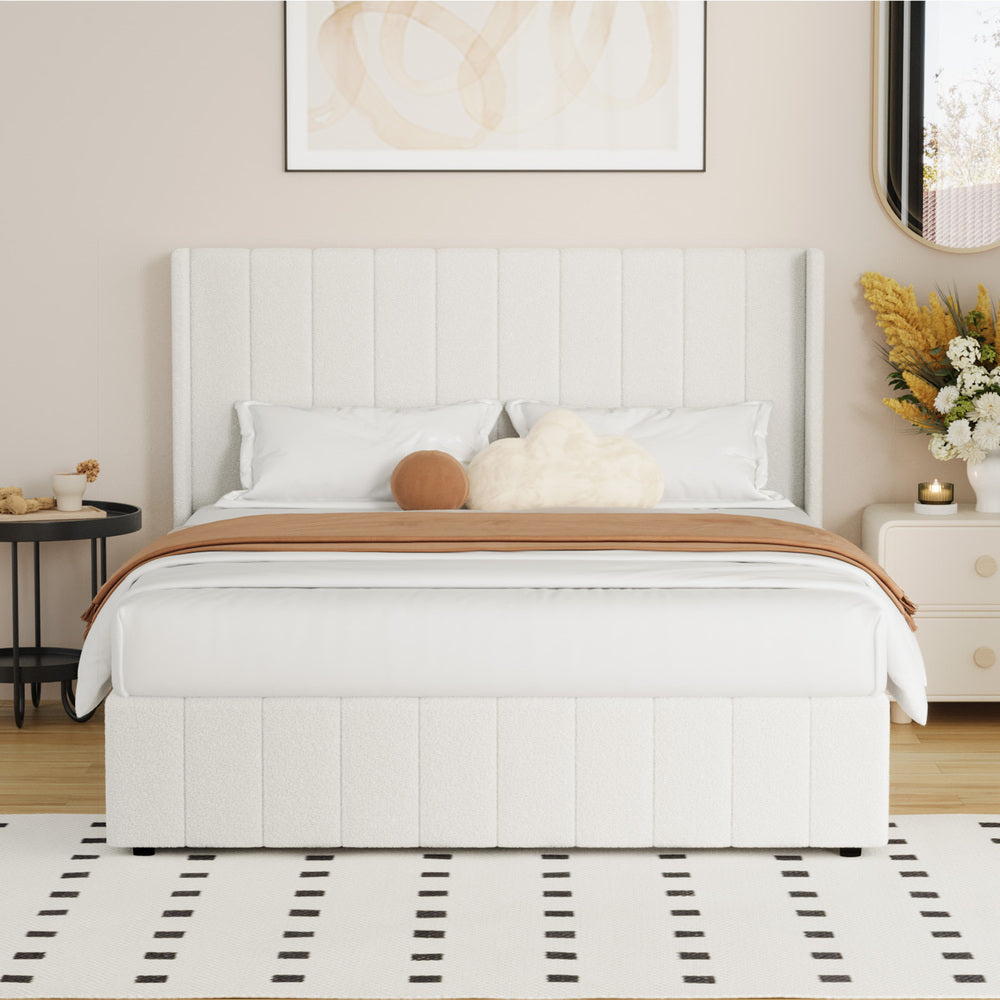 Oikiture Bed Frame Double Size Gas Lift Base Boucle Fabric White-Bed Frame-PEROZ Accessories