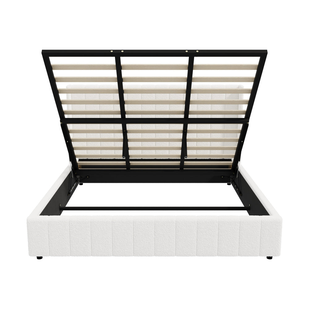 Oikiture Bed Frame King Size Gas Lift Base Boucle Fabric White-Bed Frame-PEROZ Accessories