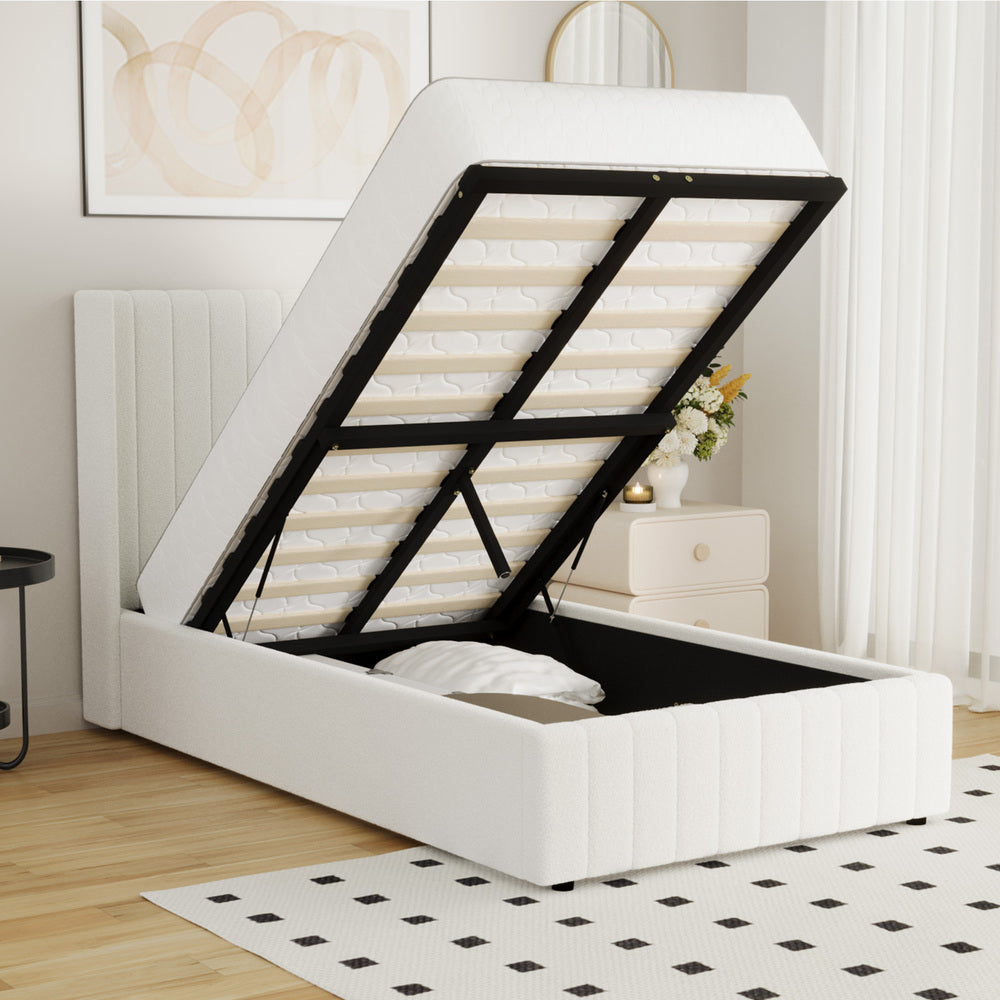 Oikiture Bed Frame King Single Gas Lift Base Boucle Fabric White-Bed Frame-PEROZ Accessories