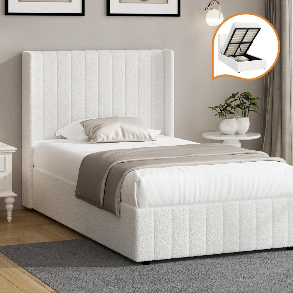 Oikiture Bed Frame King Single Gas Lift Base Boucle Fabric White-Bed Frame-PEROZ Accessories