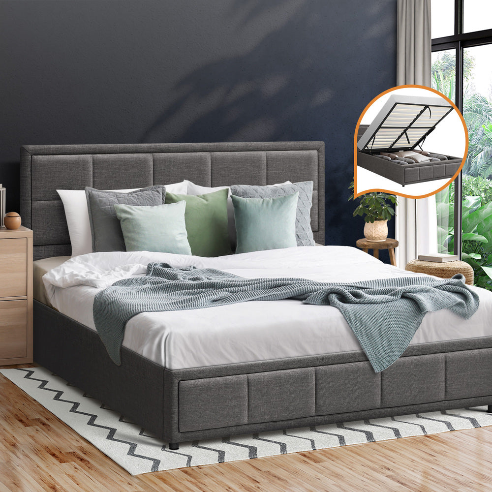 Oikiture Double Bed Frame Gas Lift Storage Base Fabric Grey-Bed Frames-PEROZ Accessories