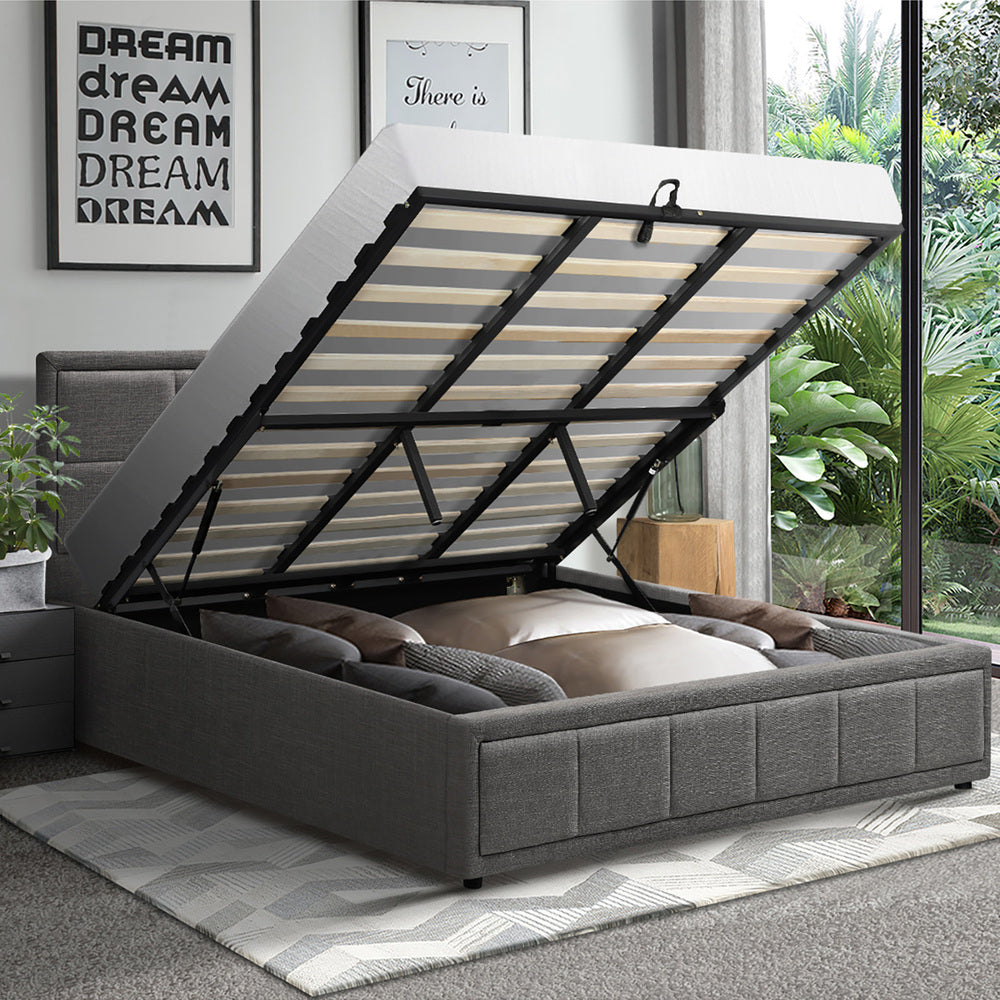 Oikiture Bed Frame King Size Gas Lift Storage Base Fabric Grey-Bed Frames-PEROZ Accessories