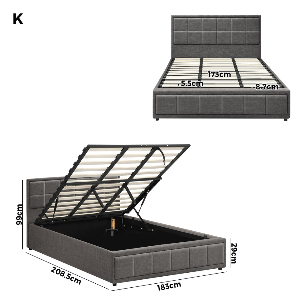 Oikiture Bed Frame King Size Gas Lift Storage Base Fabric Grey-Bed Frames-PEROZ Accessories