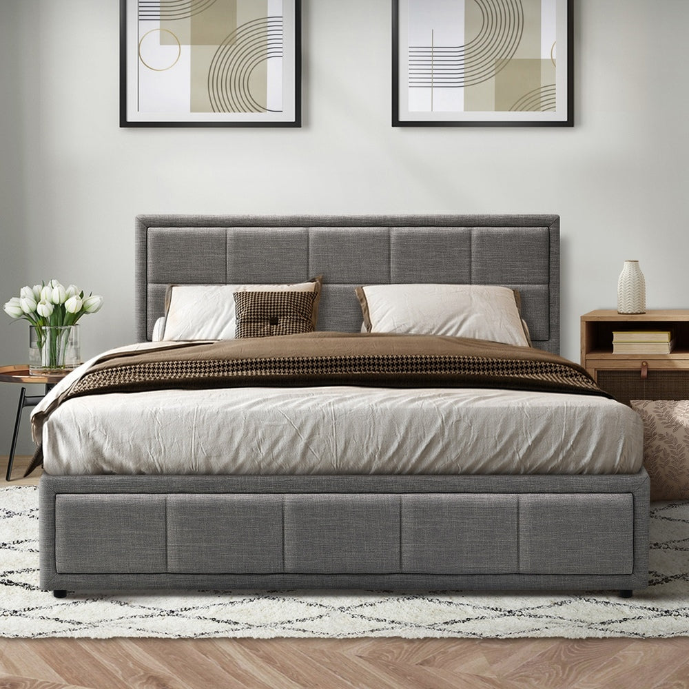 Oikiture Queen Bed Frame Gas Lift Storage Base Fabric Grey-Bed Frames-PEROZ Accessories