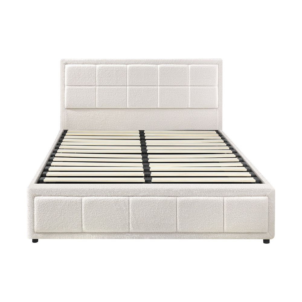Oikiture Queen Bed Frame Gas Lift Storage Base Boucle White-Bed Frames-PEROZ Accessories