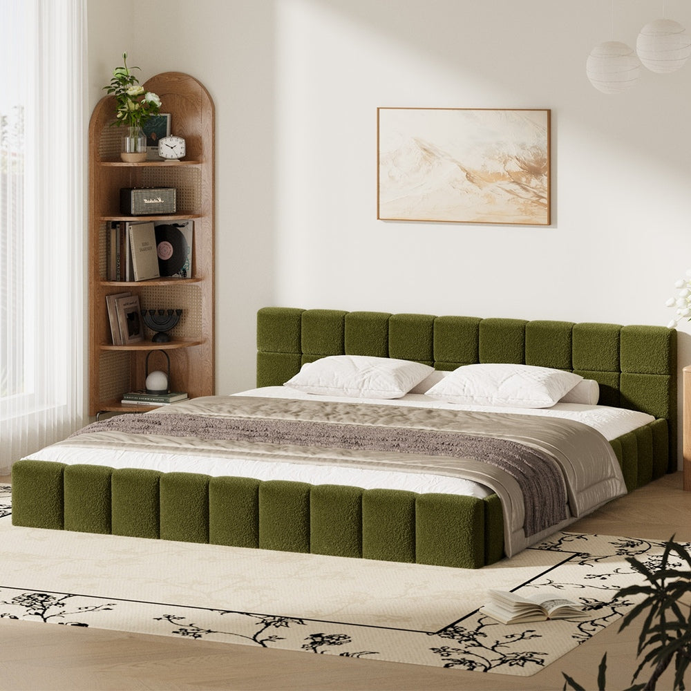 Oikiture Bed Frame King Size Tufted Headboard Green Boucle-Bed Frame-PEROZ Accessories