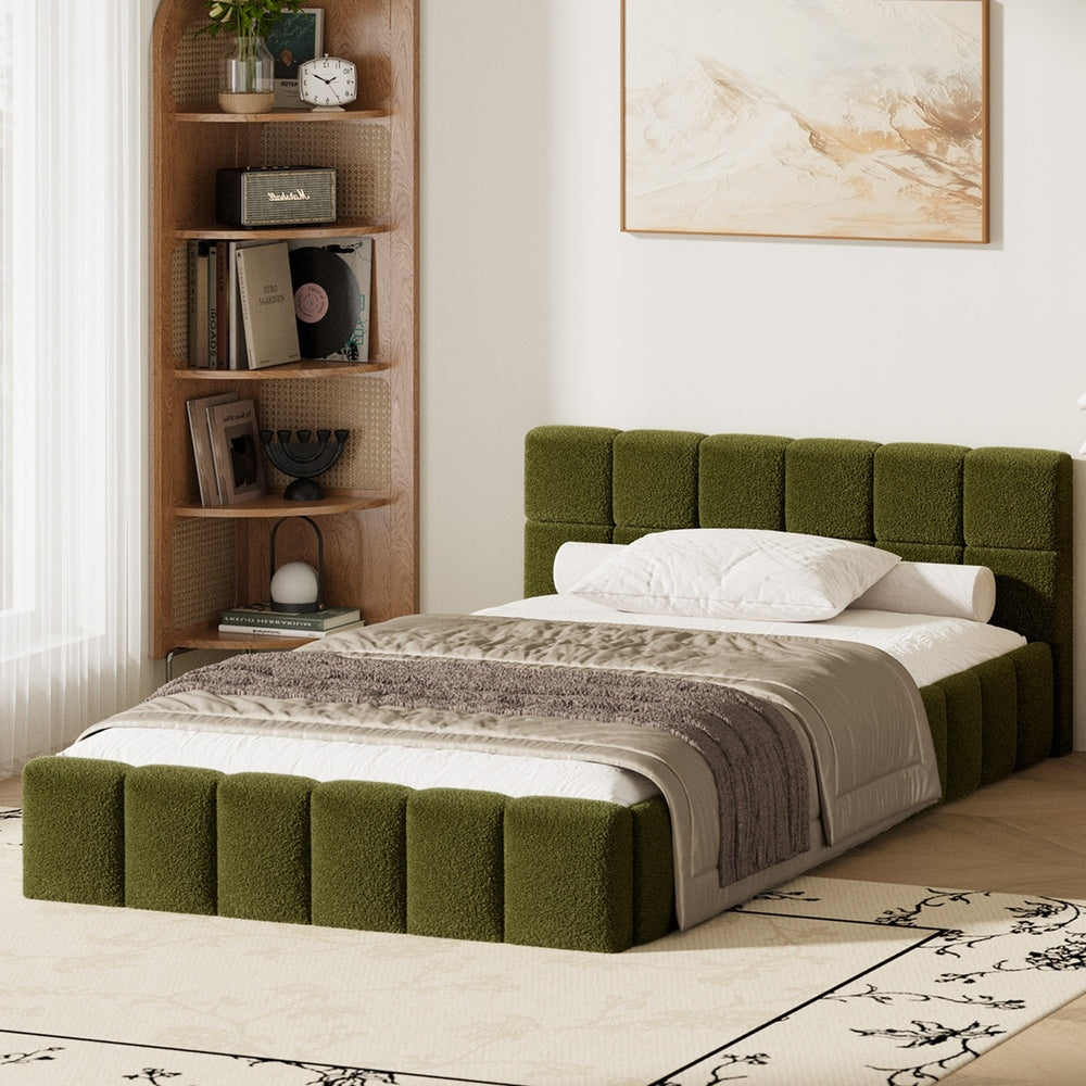 Oikiture Bed Frame King Single Size Tufted Headboard Green Boucle-Bed Frame-PEROZ Accessories