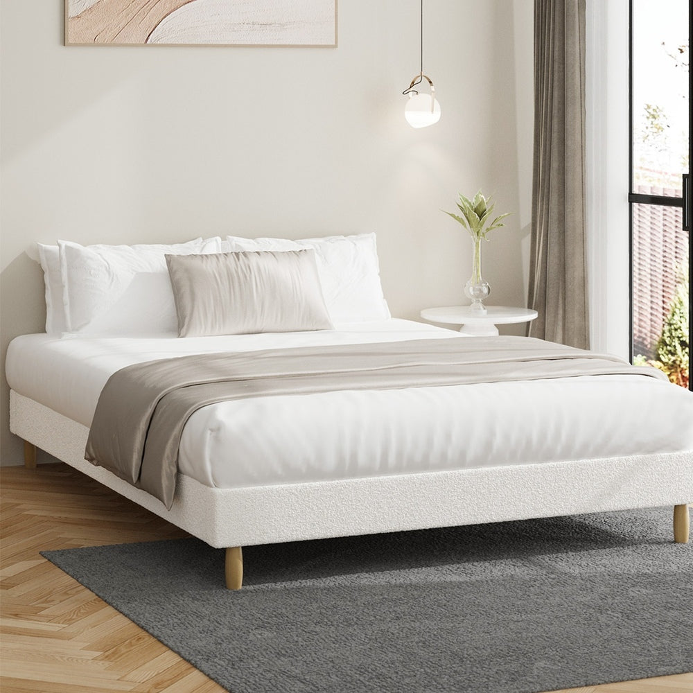 Oikiture Bed Frame Double Size Bed Base White Boucle-Bed Frame-PEROZ Accessories
