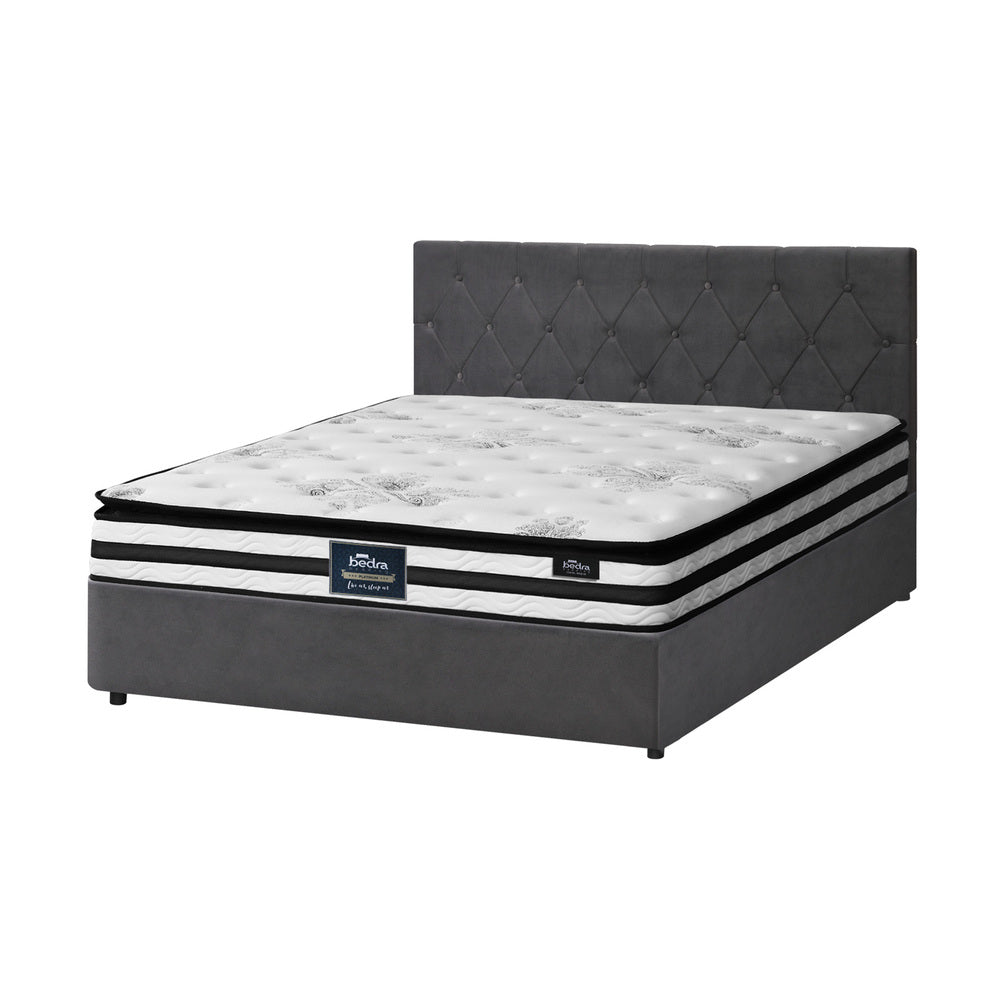 Oikiture Bed Frame Double Size Gas Lift Base with Mattress Velvet Grey-Bed Frame-PEROZ Accessories