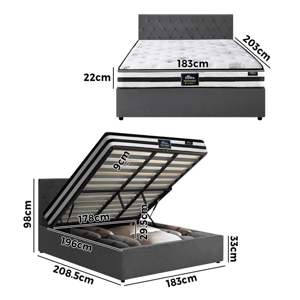 Oikiture Bed Frame King Size Gas Lift Base with Mattress Velvet Grey-Bed Frame-PEROZ Accessories