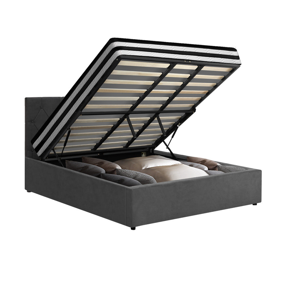 Oikiture Bed Frame King Size Gas Lift Base with Mattress Velvet Grey-Bed Frame-PEROZ Accessories