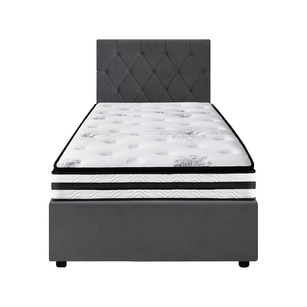 Oikiture Bed Frame King Single Size with Mattress Velvet Grey-Bed Frame-PEROZ Accessories