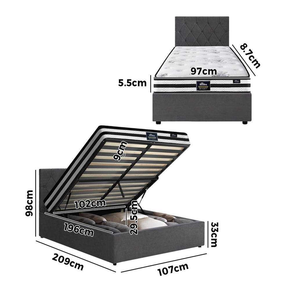 Oikiture Bed Frame King Single Size with Mattress Velvet Grey-Bed Frame-PEROZ Accessories