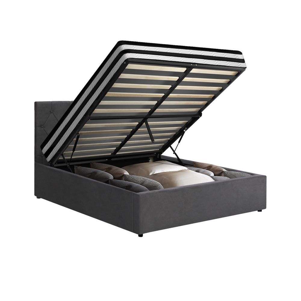 Oikiture Bed Frame King Single Size with Mattress Velvet Grey-Bed Frame-PEROZ Accessories