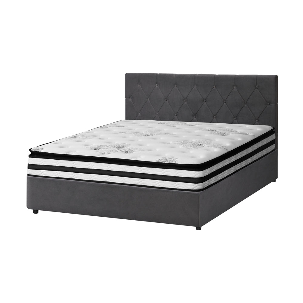 Oikiture Bed Frame Queen Size Gas Lift Base with Mattress Velvet Grey-Bed Frame-PEROZ Accessories