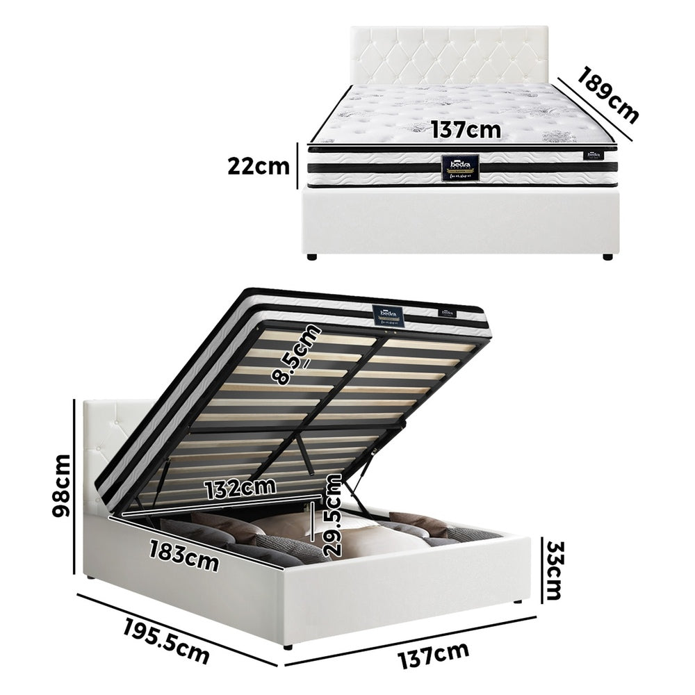 Oikiture Bed Frame Double Size Gas Lift with Mattress White Leather-Bed Frame-PEROZ Accessories