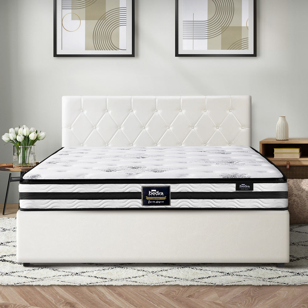 Oikiture Bed Frame Double Size Gas Lift with Mattress White Leather-Bed Frame-PEROZ Accessories